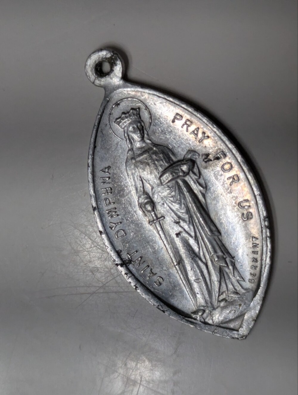 Saint Dymphna Medallion Pendant in Silver Tone Double Sided Saint Gerberne